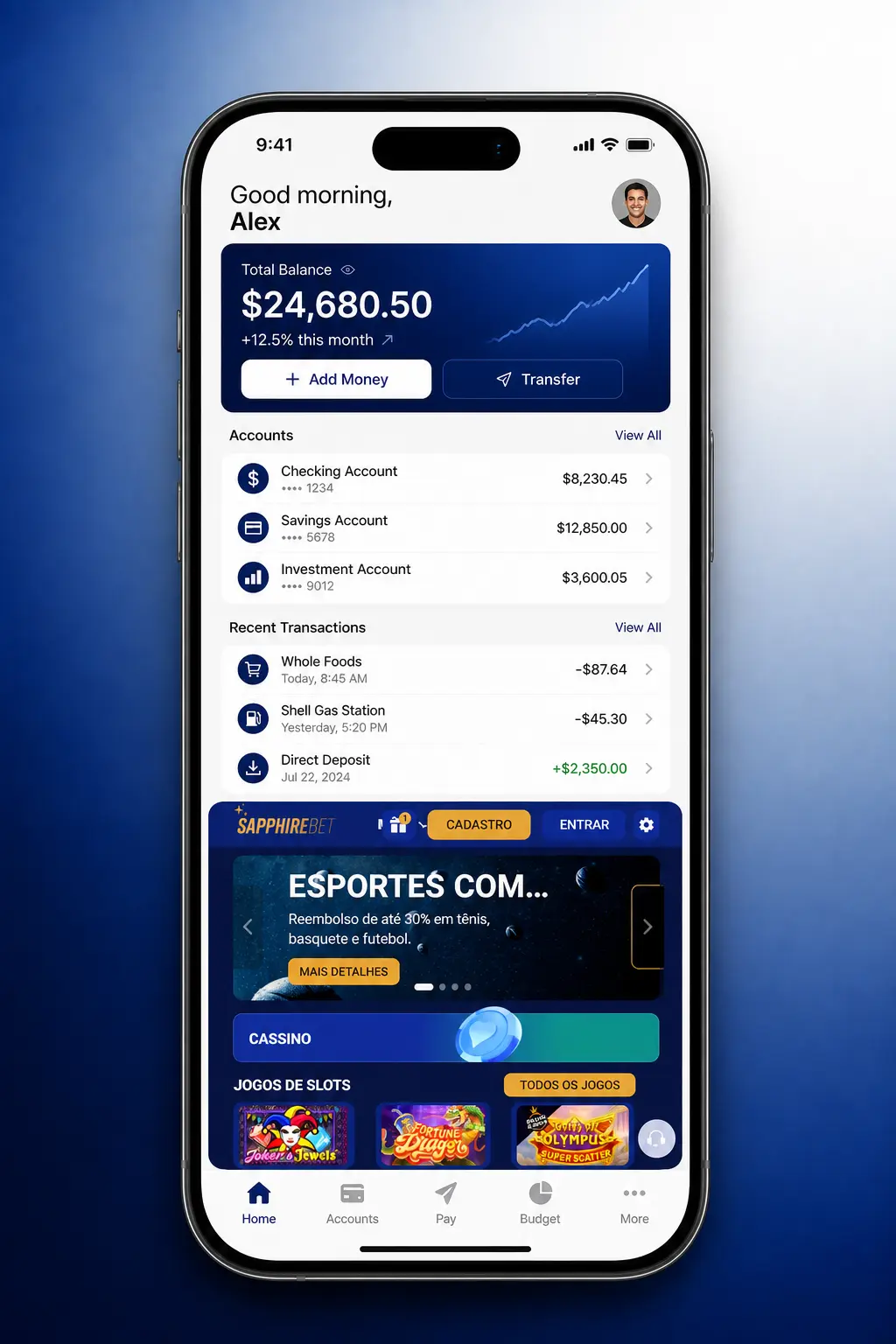Guia visual de 5 passos para baixar o app SapphireBet no iOS via App Store no iPhone ou iPad