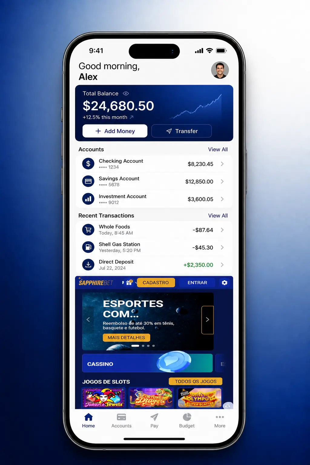 Guia visual com 5 passos para baixar o app SapphireBet no iOS via App Store no iPhone ou iPad